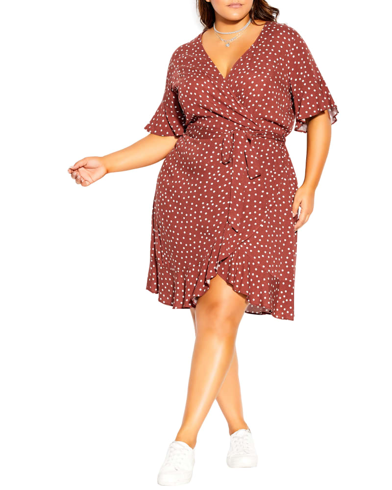 Front of a model wearing a size XS Sage Lover Spot Dress in Terracotta / White by City Chic. | dia_product_style_image_id:233440